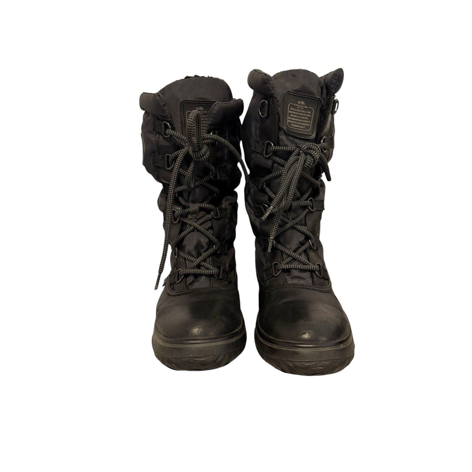 Coach Sage Winter Boots Women’s 8.5 Black Leather Mid Calf Nylon Lace Up Lined